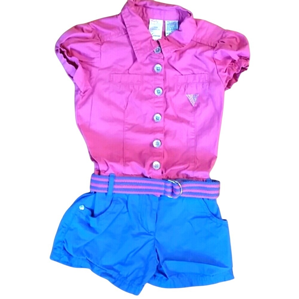 Guess Girls‎ Short Sleeve Pink and Blue Belted Shorts Romper Size 6